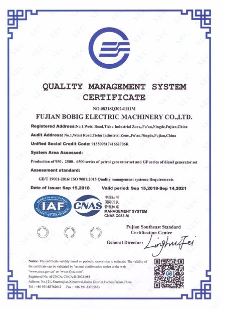 China FUJIAN BOBIG ELECTRIC MACHINERY CO.,LTD certification